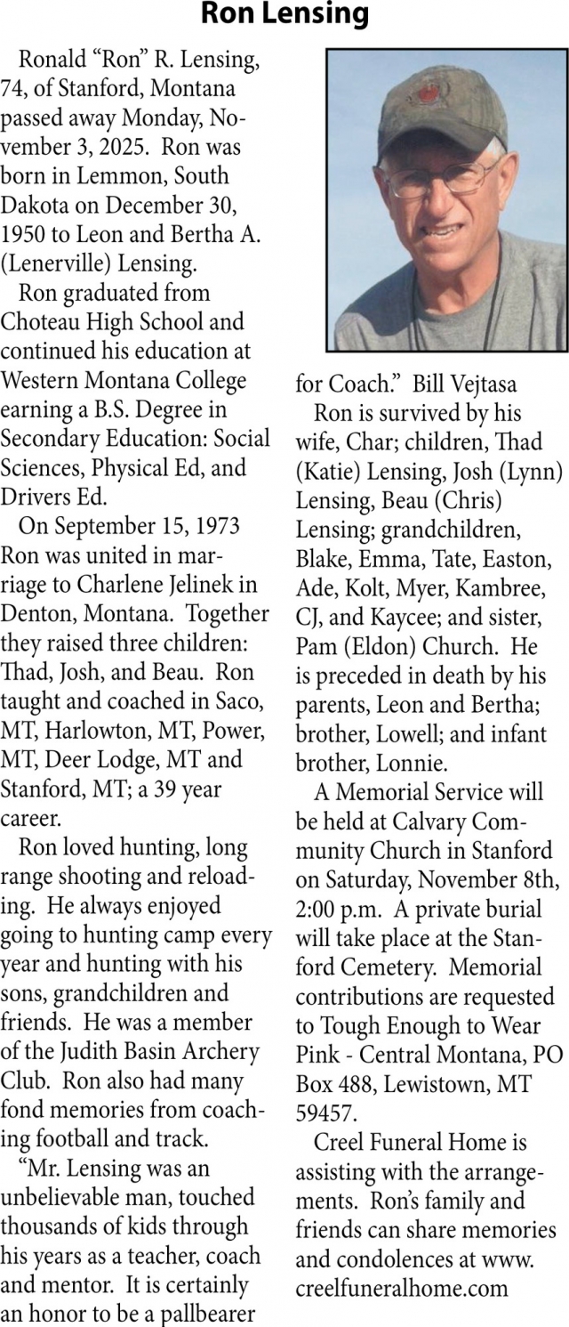 Ron Lensing, Obituaries, Glendive, MT