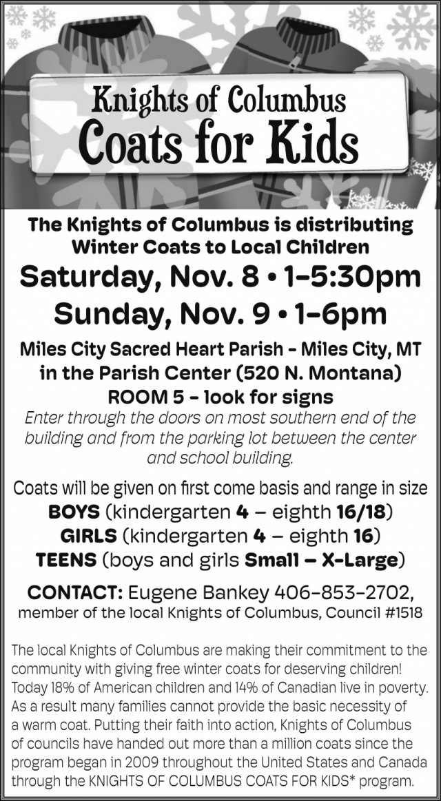 Winter Local Coats to Local Children, Knights of Columbus Coats for Kids (November 8-9, 2025)