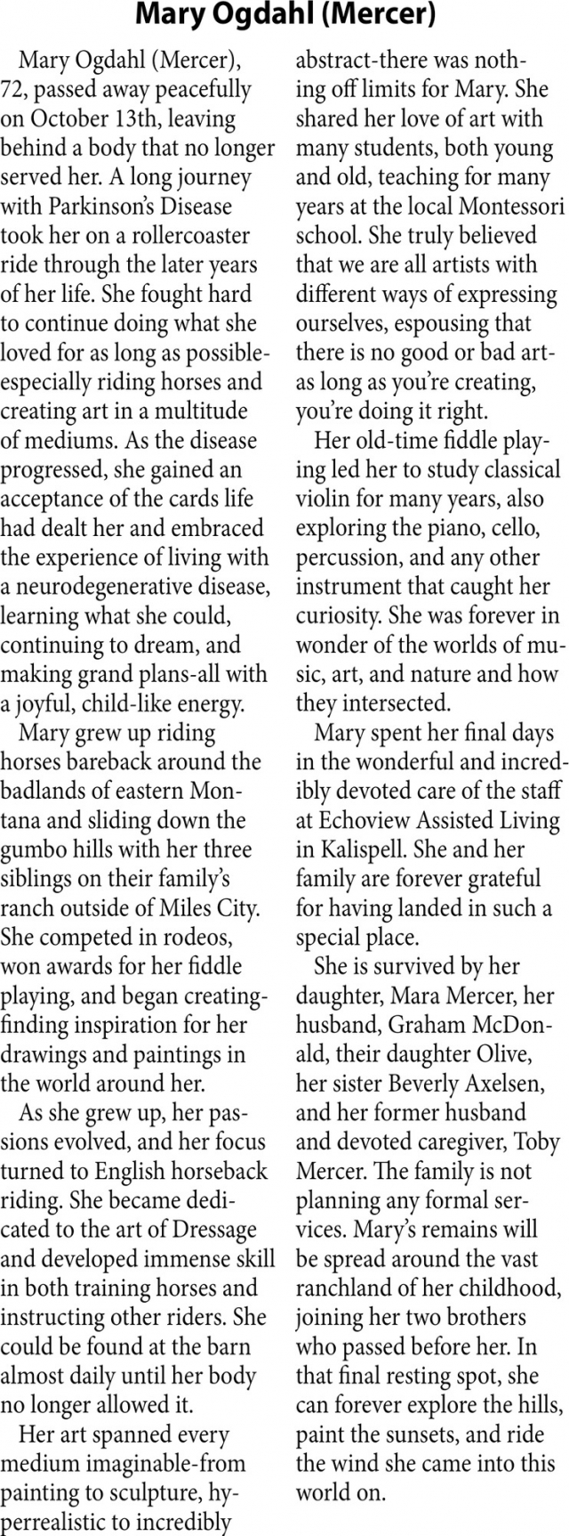 Mary Ogdahl, Obituaries, Glendive, MT