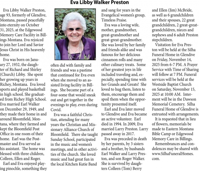 Eva Libby Walker Preston, Obituaries, Glendive, MT