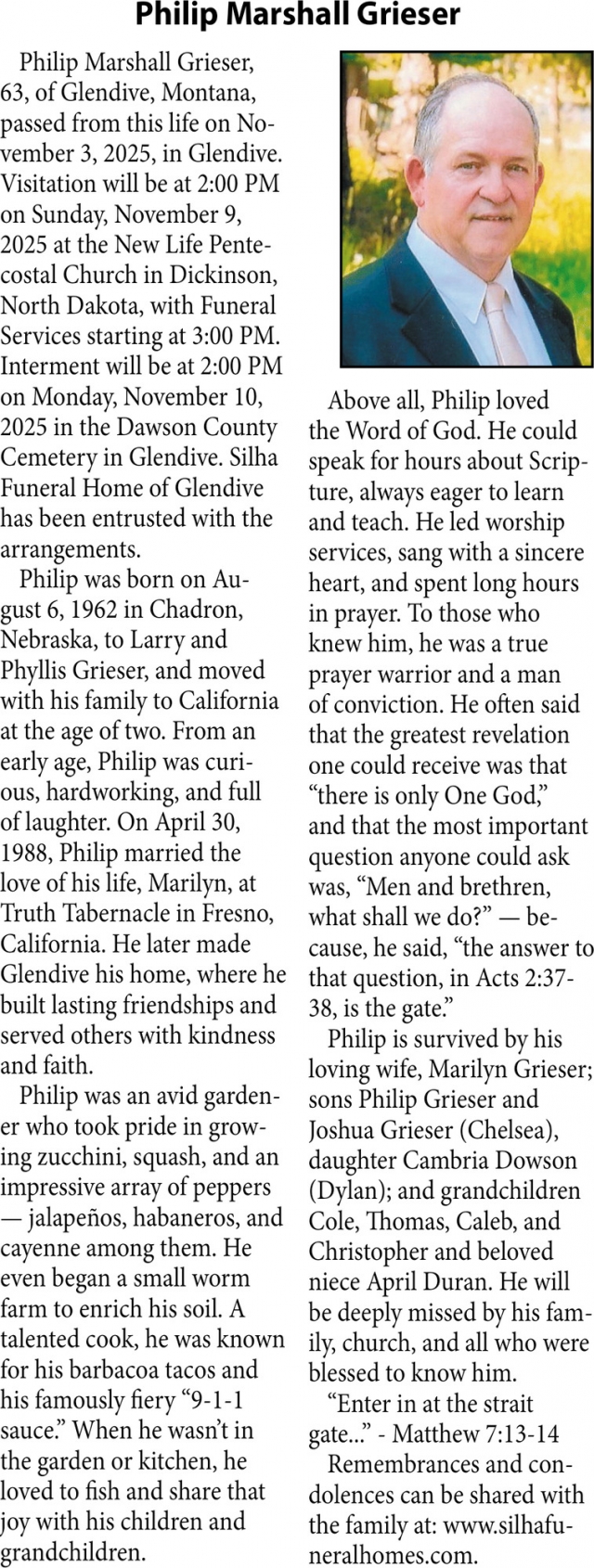 Philip Marshall Grieser, Obituaries, Glendive, MT
