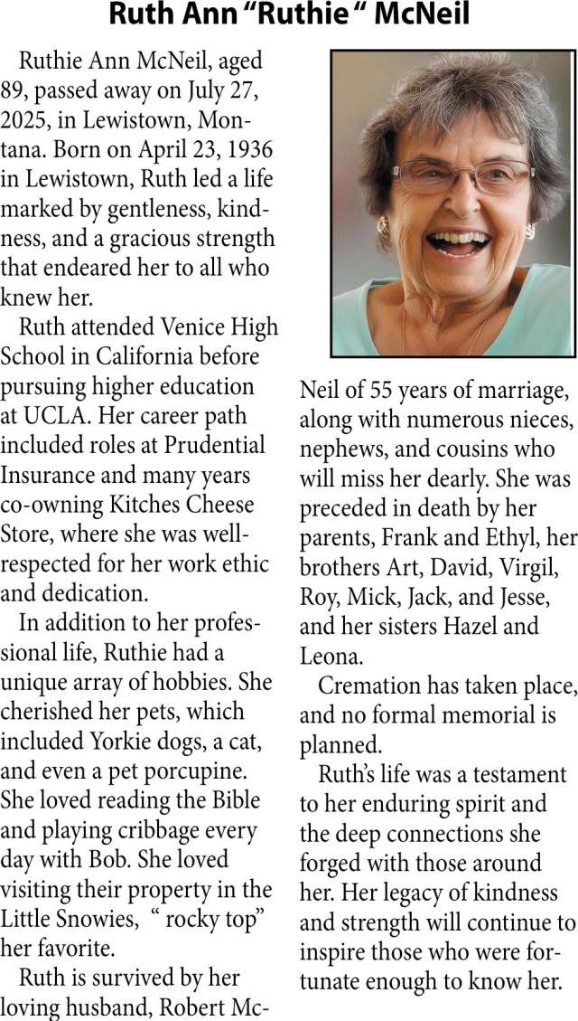 Ruth Ann McNeil, Obituaries, Glendive, MT