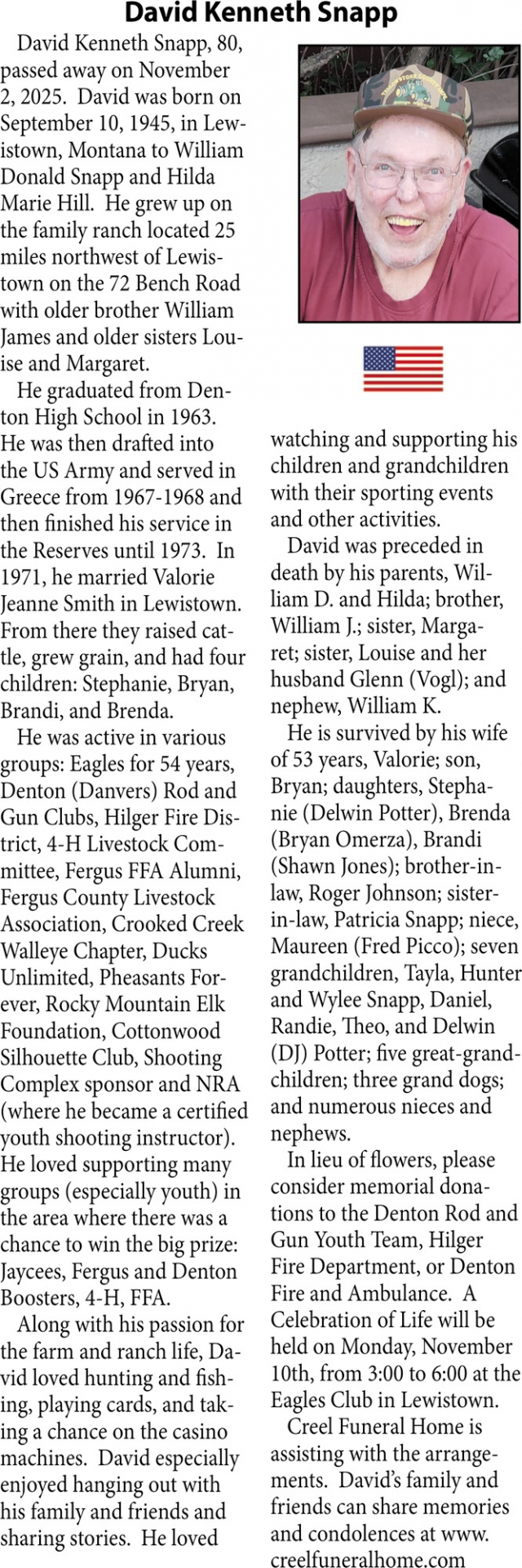 David kenneth Snapp, Obituaries, Glendive, MT