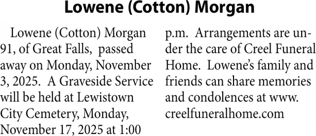 Lowene Morgan, Obituaries, Glendive, MT