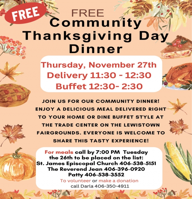 Free Community Thanksgiving Day Dinner, St. James' Episcopal Church, Lewistown, MT
