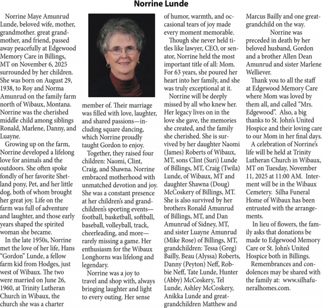 Norrine Lunde, Obituaries, Glendive, MT