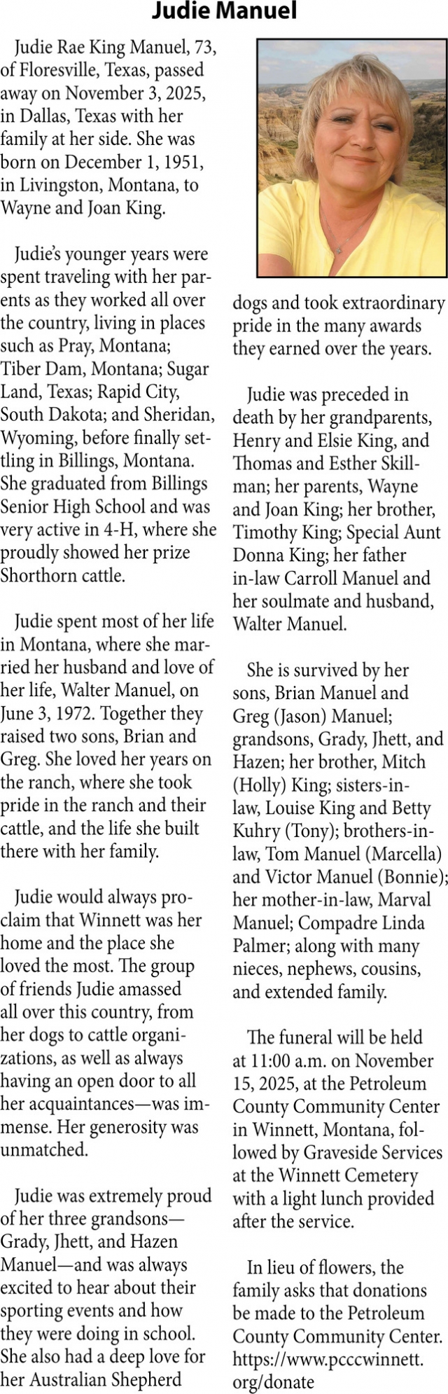 Judie Manuel, Obituaries, Glendive, MT