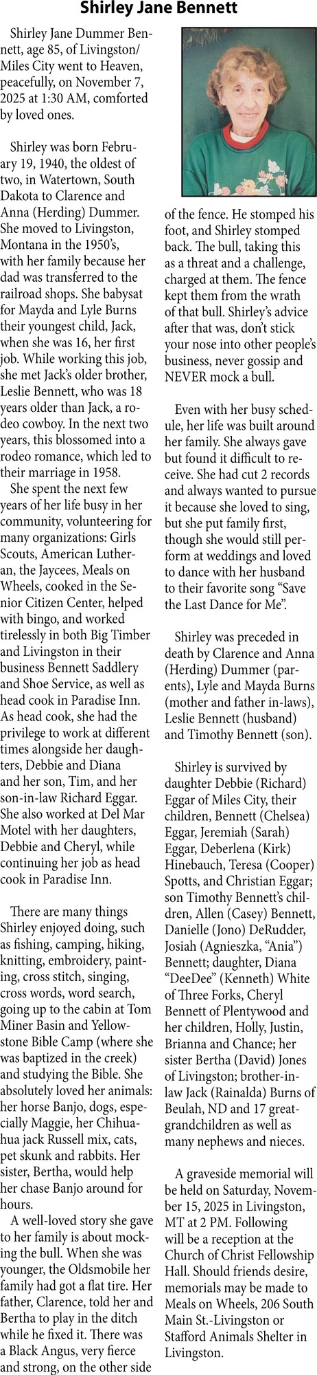 Shirley Jane Bennett, Obituaries, Glendive, MT