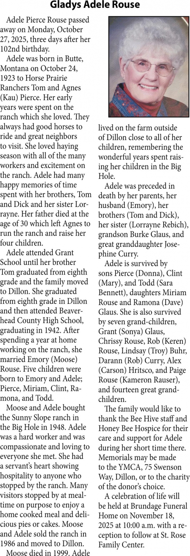 Gladys Adele Rouse, Obituaries, Glendive, MT
