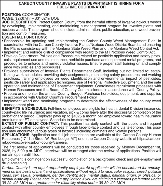Coordinator, Carbon County Human Resources, Red Lodge, MT