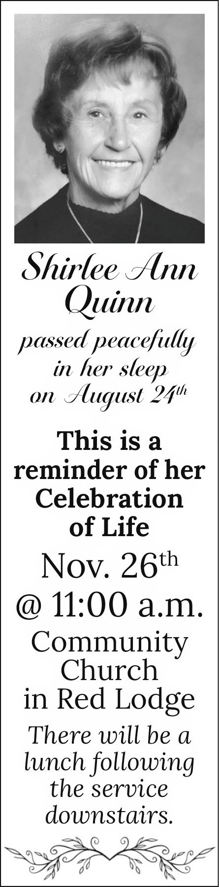 Shirlee Ann Quinn, Obituaries, Glendive, MT