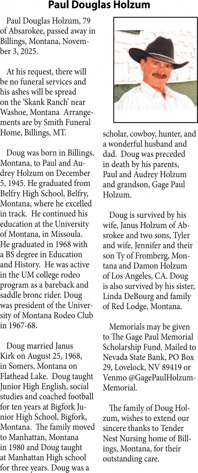 Paul Douglas Holzum, Obituaries, Glendive, MT