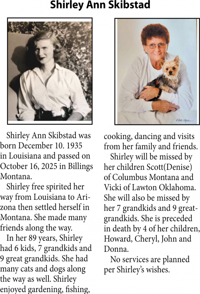 Shirley Ann Skidstad, Obituaries, Glendive, MT