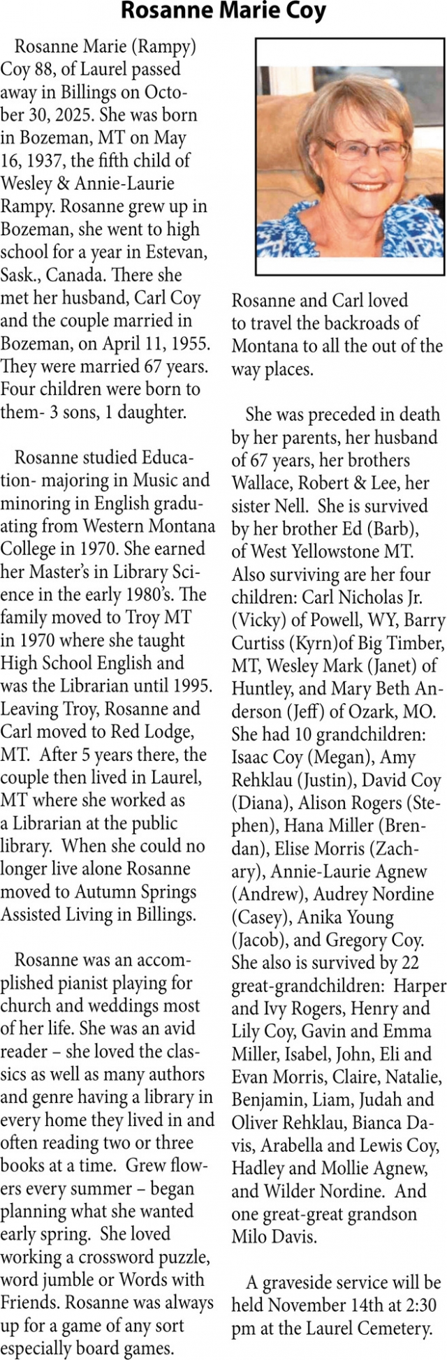 Rosanne Marie Coy, Obituaries, Glendive, MT