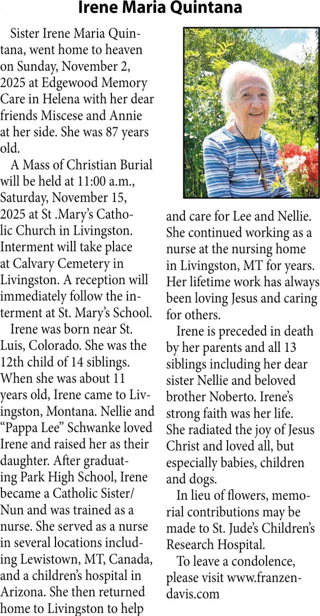 Irene Maria Quintan, Obituaries, Glendive, MT