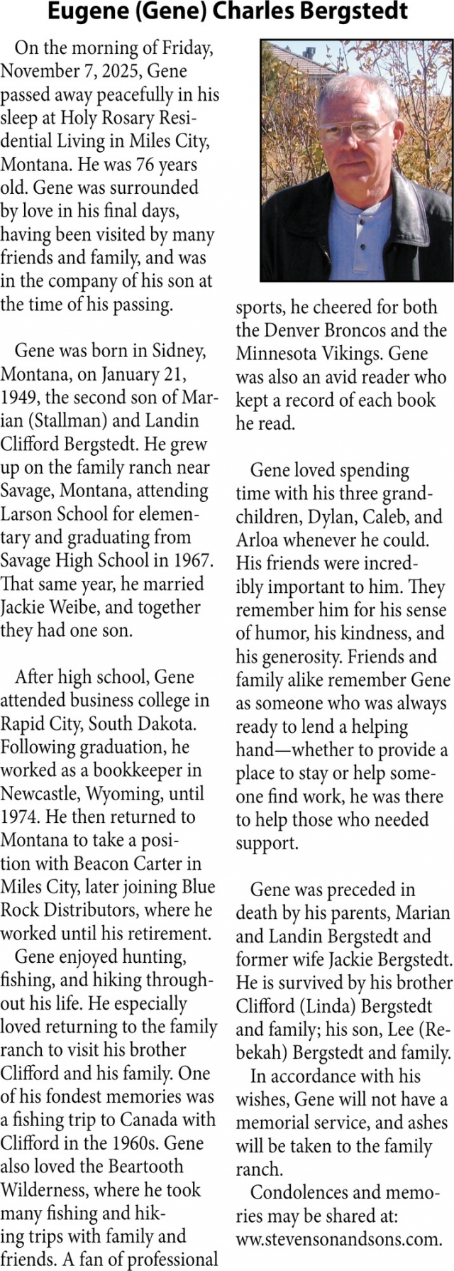 Eugene Charles Bergstedt, Obituaries, Glendive, MT