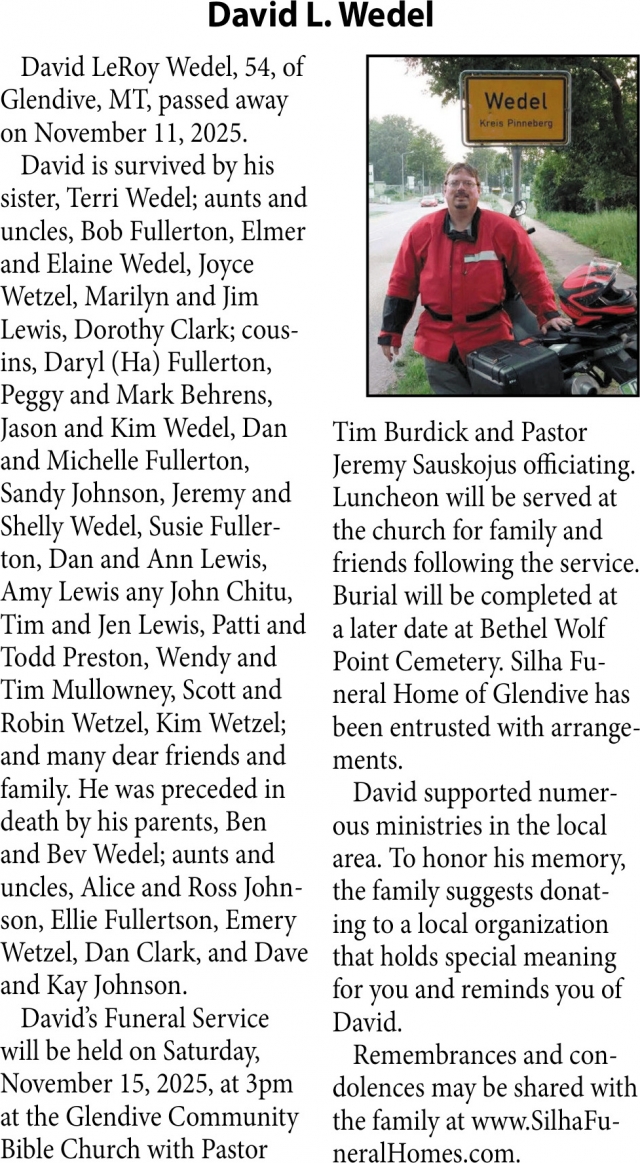 David L. Wedel, Obituaries, Glendive, MT