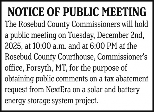 Notice of Public Meeting, Rosebud County, Forsyth, MT