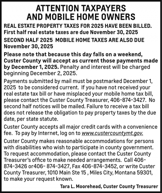 Attention Taxpayers and Mobile Home Owners, Custer County, Miles City, MT