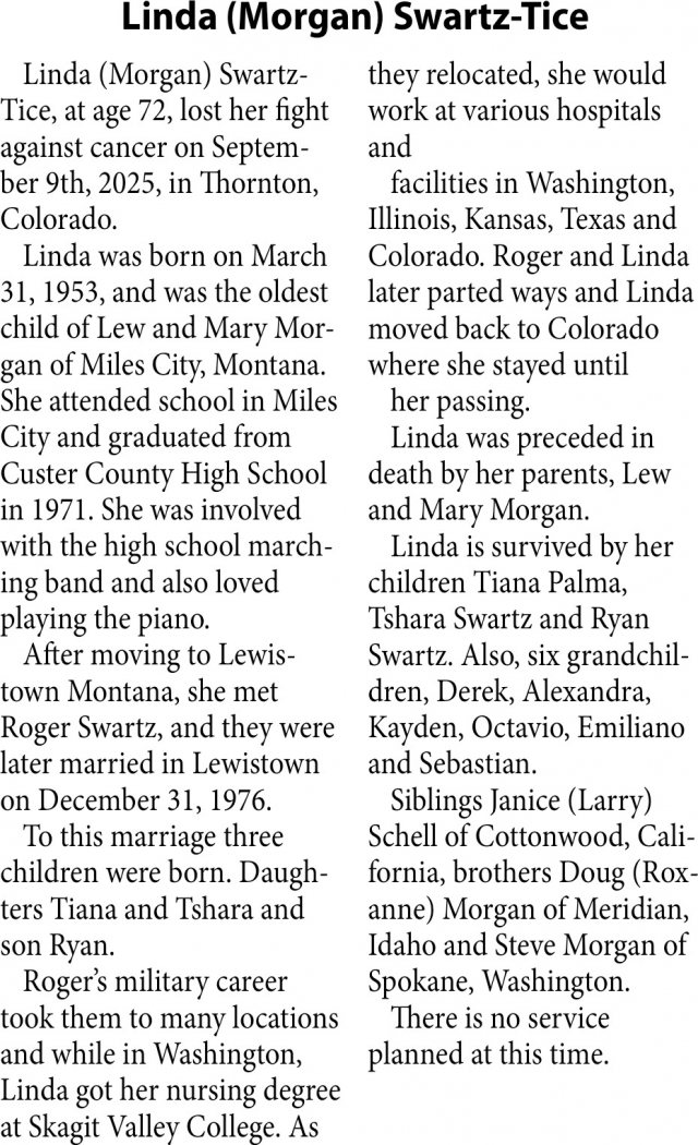 Linda Swartz-Tice, Obituaries, Glendive, MT