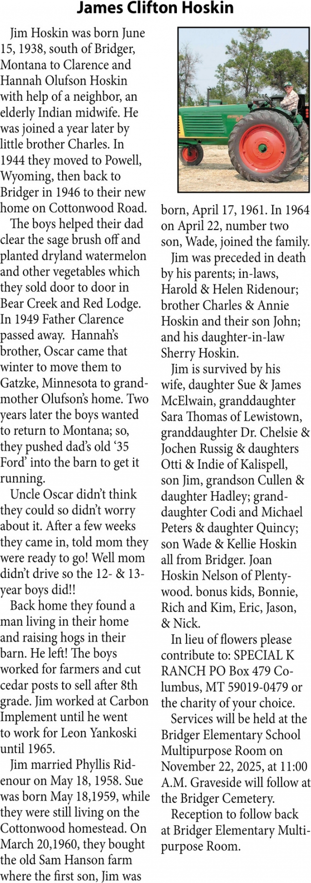 James Clifton Hoskin, Obituaries, Glendive, MT