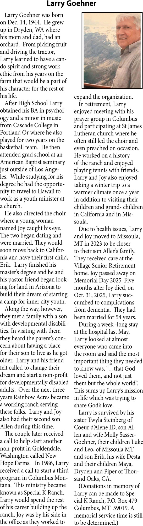 Larry Goehner, Obituaries, Glendive, MT