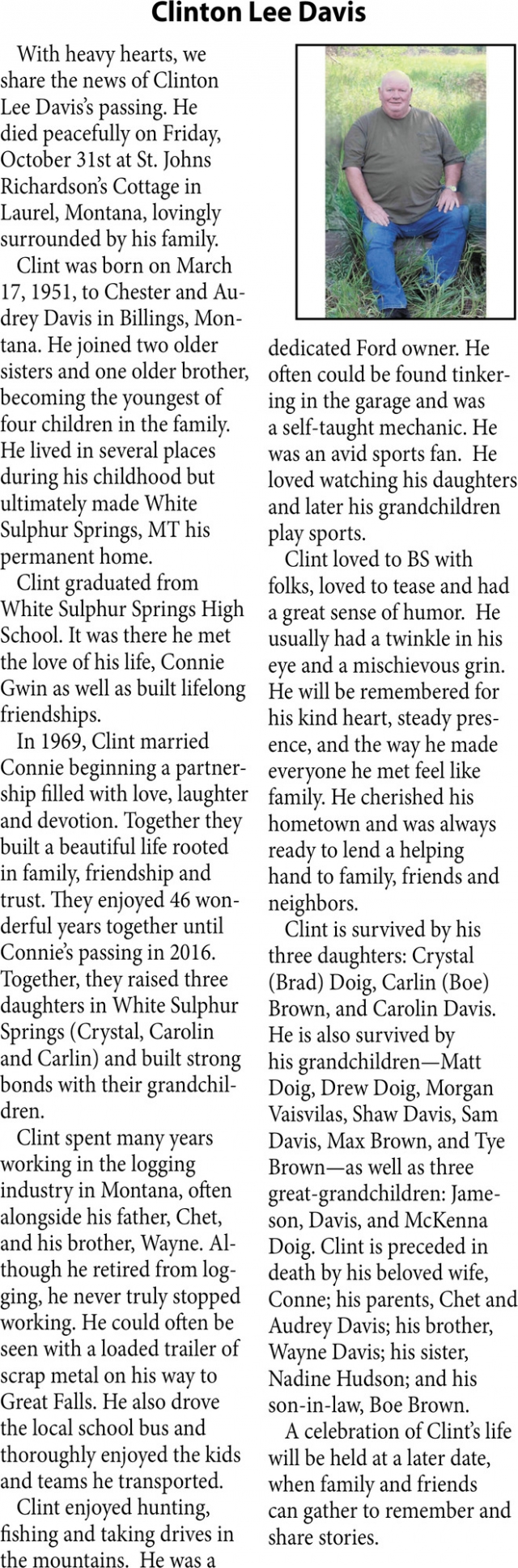 Clinton Lee Davis, Obituaries, Glendive, MT