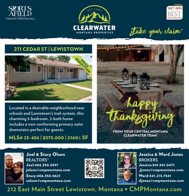 Happy Thanksgiving, Clearwater Montana Properties, Lewistown, MT