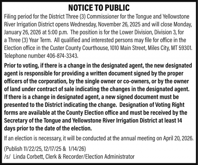 Notice Ot Public, Linda Corbett - Custer County Clerk & Recorder, Miles City, MT