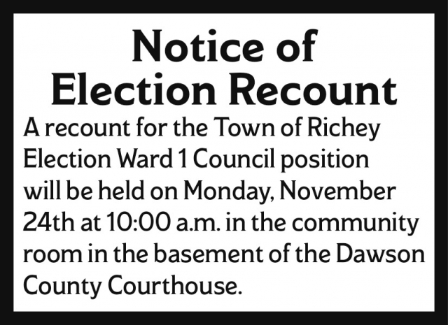 Notice of Election Recount, Dawson County, Glendive, MT