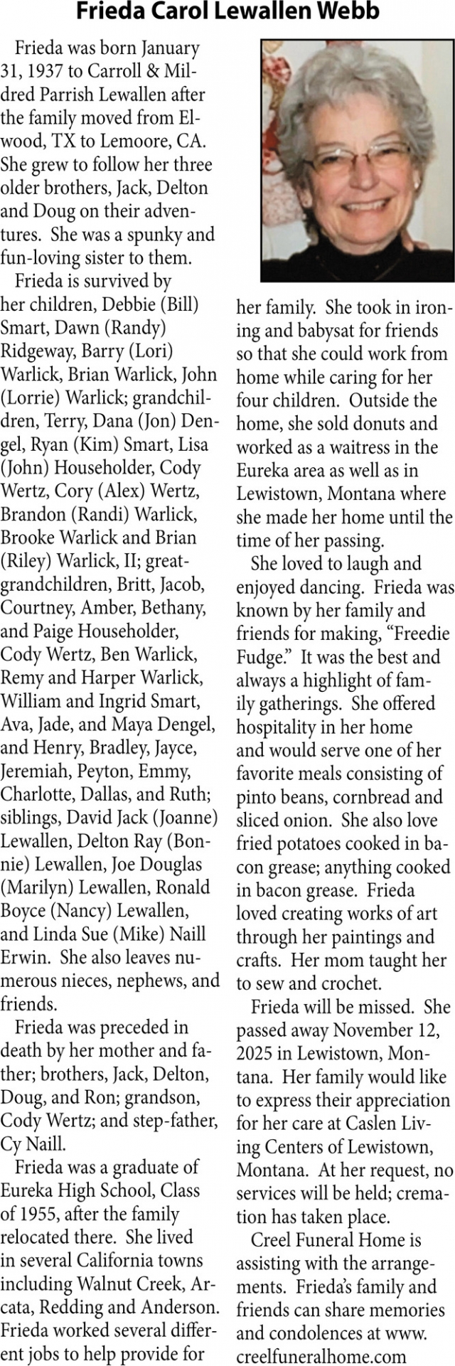 Frieda Carol Lewallen Webb, Obituaries, Glendive, MT