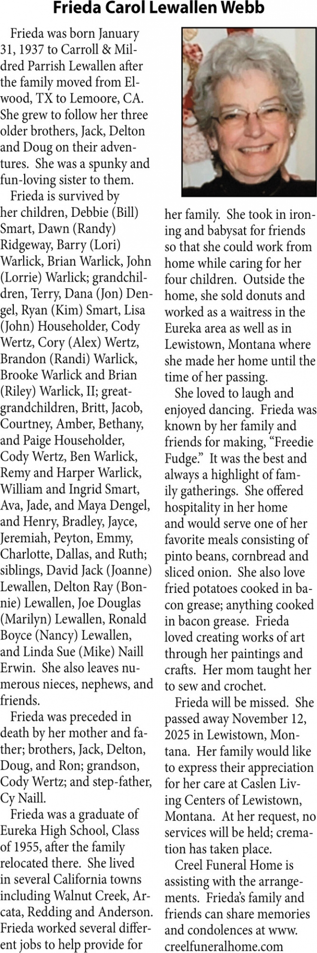 Frieda Carol Lewallen Webb, Obituaries, Glendive, MT