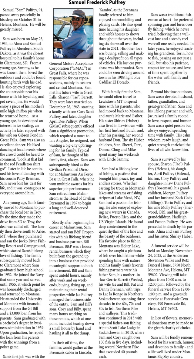 Samuel Frederick Pulfrey, Obituaries, Glendive, MT