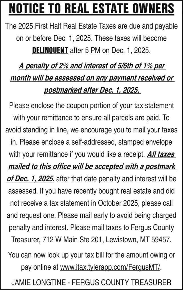 Notice to Mobile Home Owners, Fergus County Treasurer - Jamie Longtine, Lewiston, MT