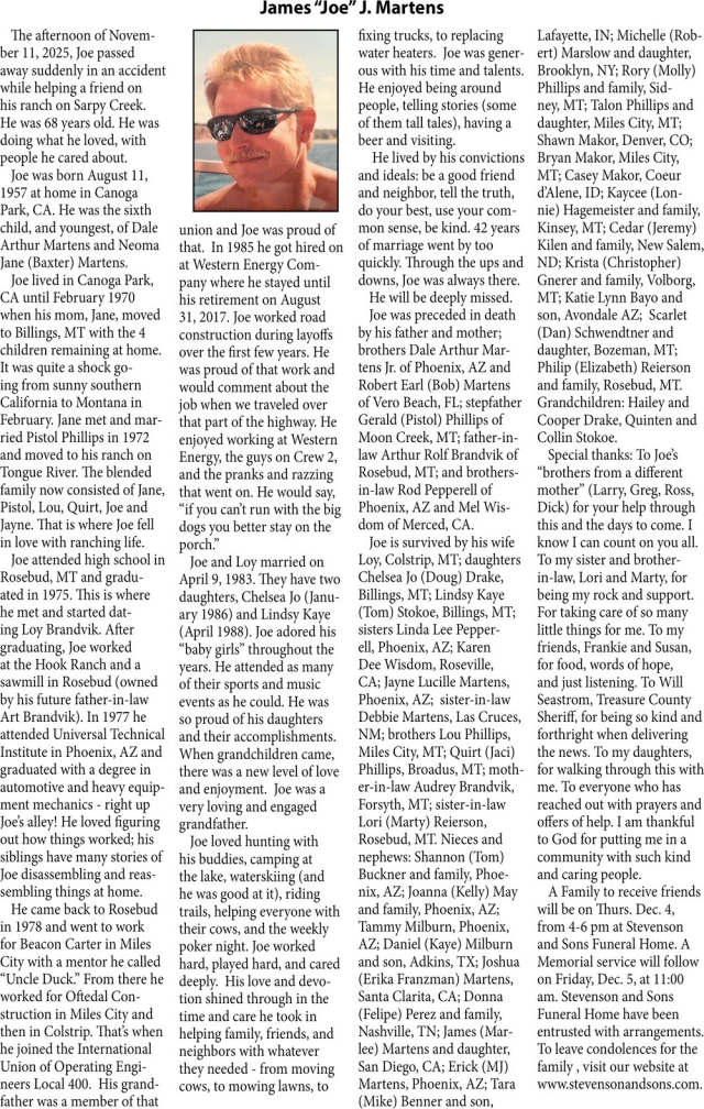 James J. Martens, Obituaries, Glendive, MT