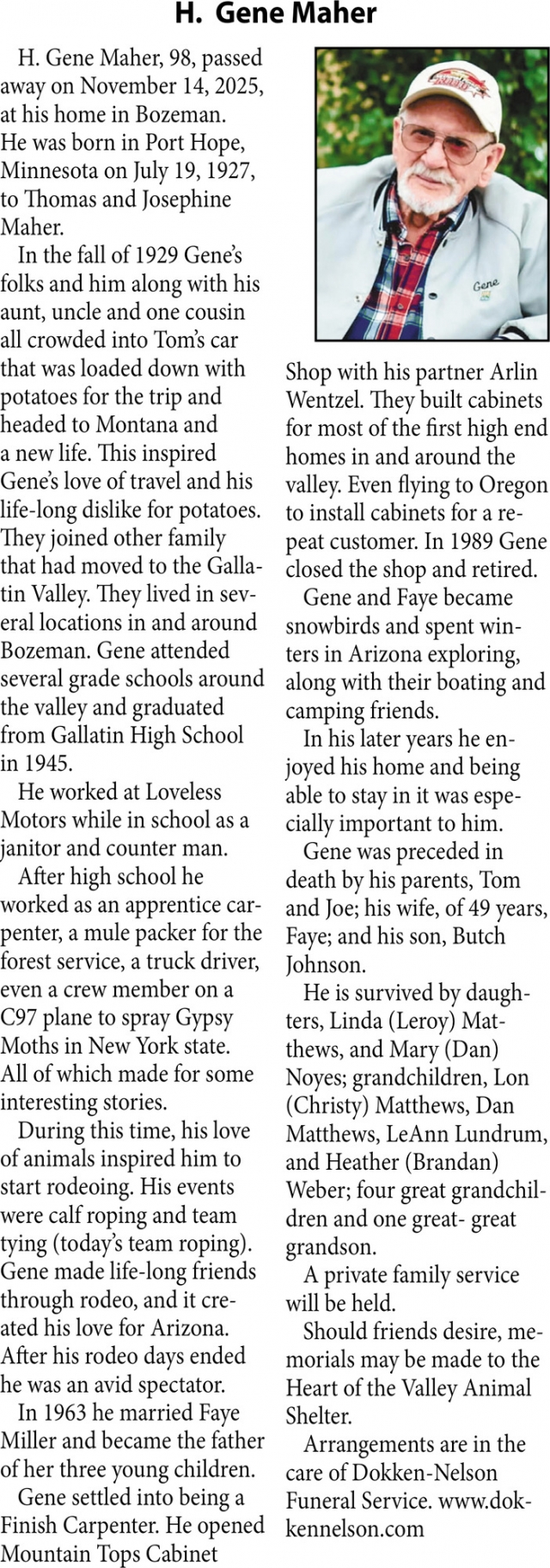 H. Gene Maher, Obituaries, Glendive, MT
