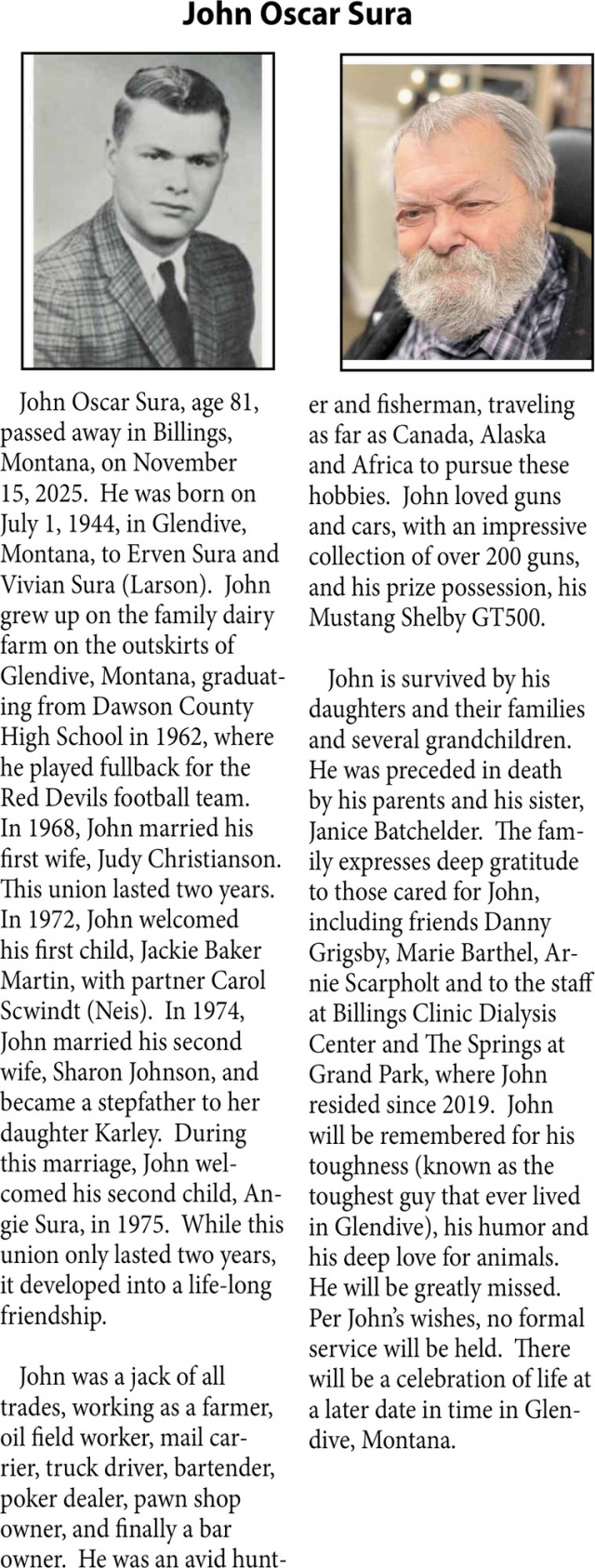John Oscar Sura, Obituaries, Glendive, MT