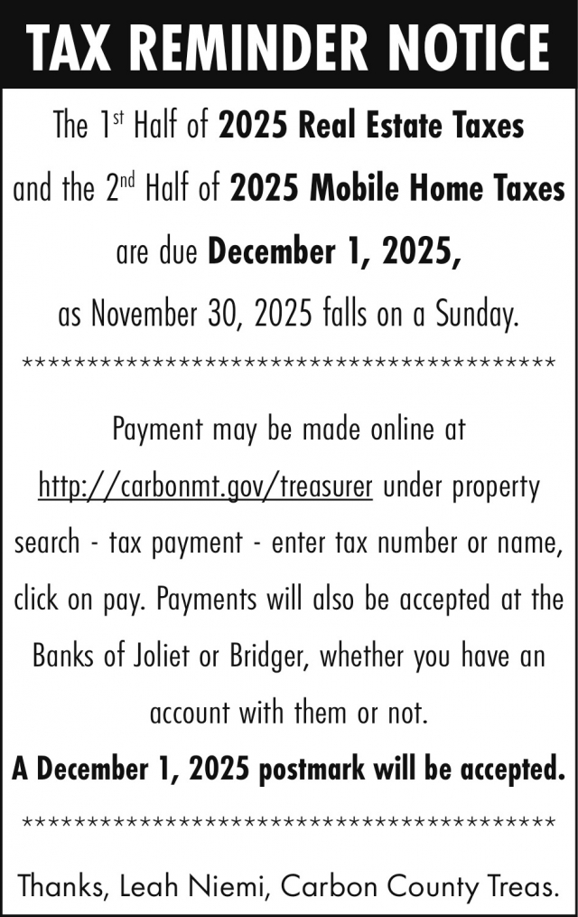 Tax Reminder Notice, Carbon County