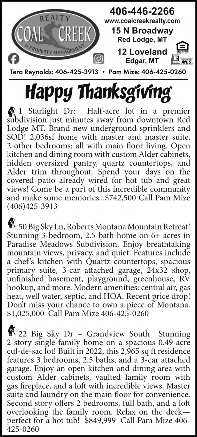 Happy Thanksgiving, Coal Creek Realty & Property Management, Edgar, MT