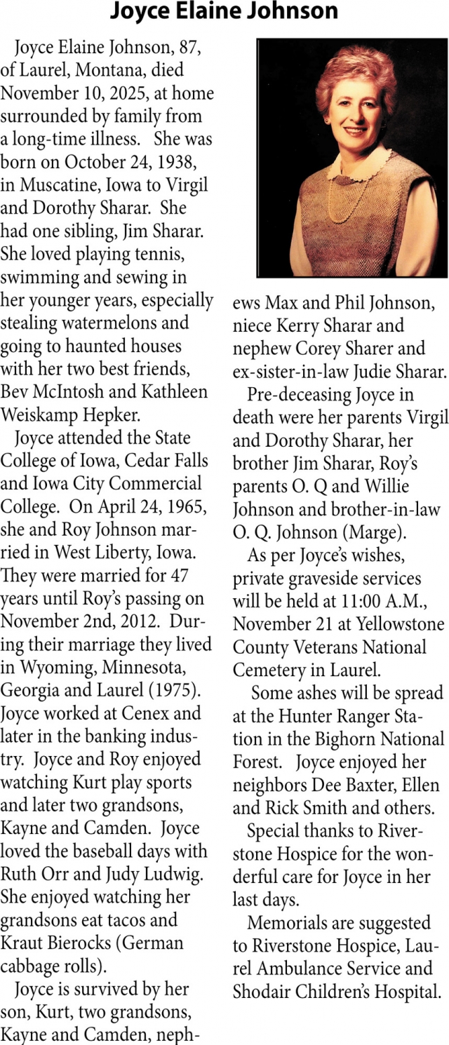 Jayce Elaine Johnson, Obituaries, Glendive, MT