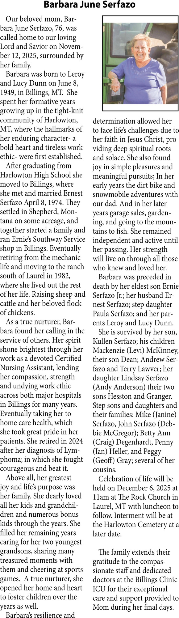 Barbara June Serfazo, Obituaries, Glendive, MT