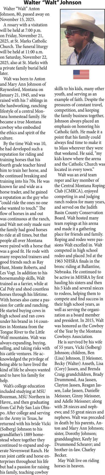 Walter Johnson, Obituaries, Glendive, MT