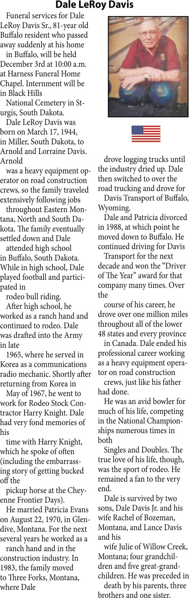 Dale LeRoy Davis, Obituaries, Glendive, MT