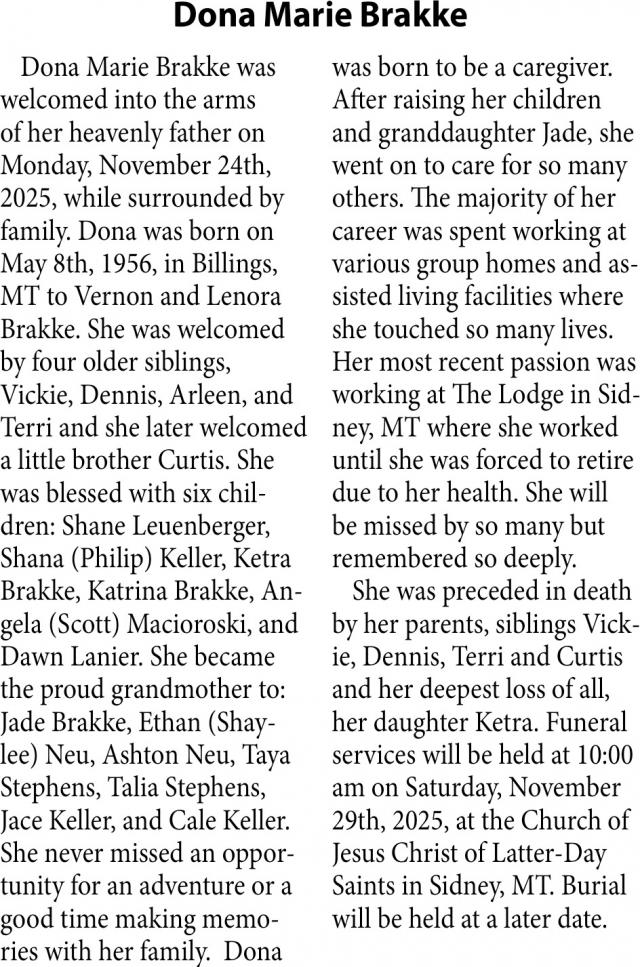 Dona Marie Brakke, Obituaries, Glendive, MT