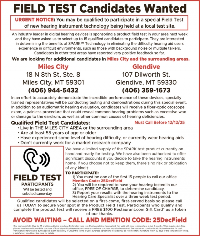 Field Test Candidates Wanted,  Miracle-Ear / Miles City - Glendive, Glendive, MT