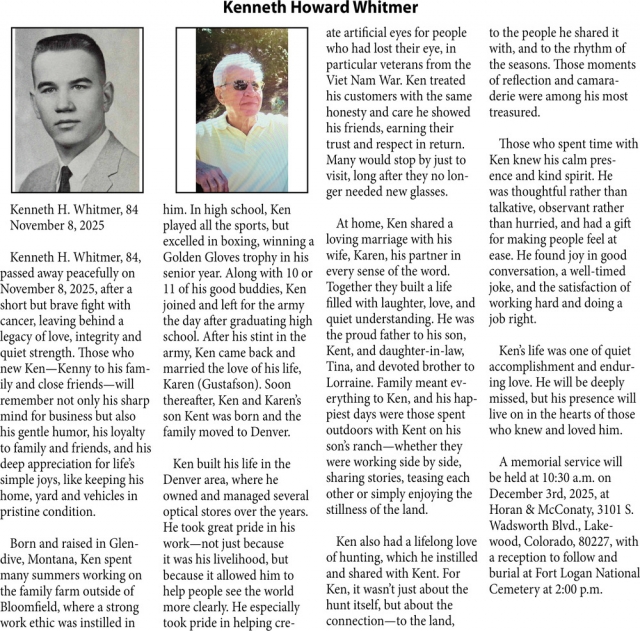 Kenneth Howard Whitmer, Obituaries, Glendive, MT