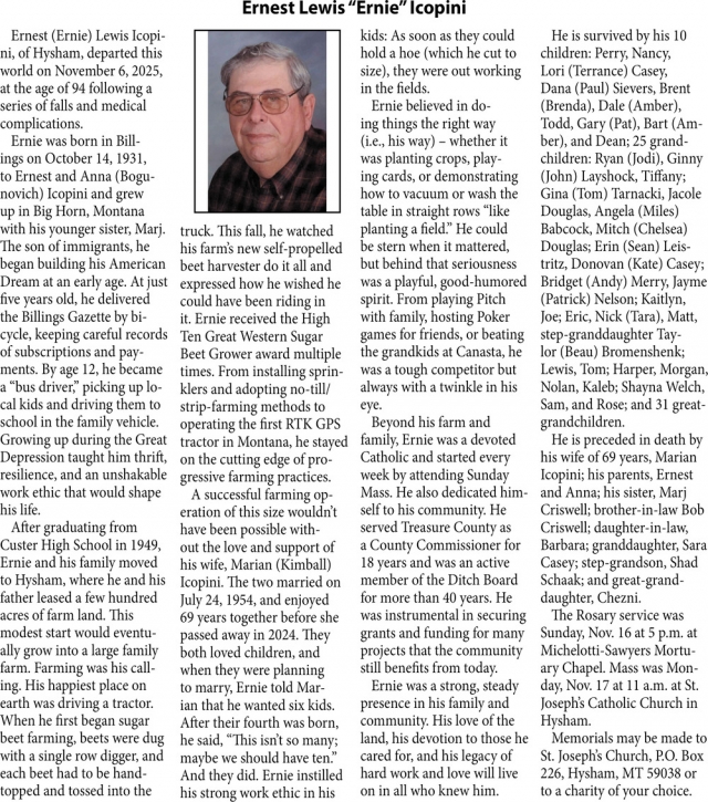 Ernest Lewis Icopini, Obituaries, Glendive, MT