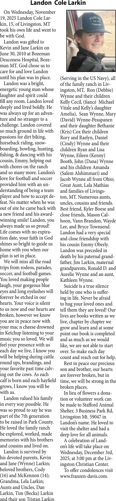 Landon Cole Larkin, Obituaries, Glendive, MT