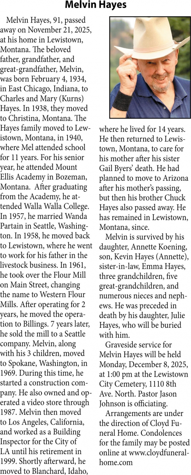 Melvin Hayes, Obituaries, Glendive, MT