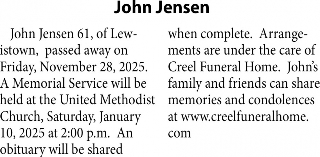 John Jensen, Obituaries, Glendive, MT
